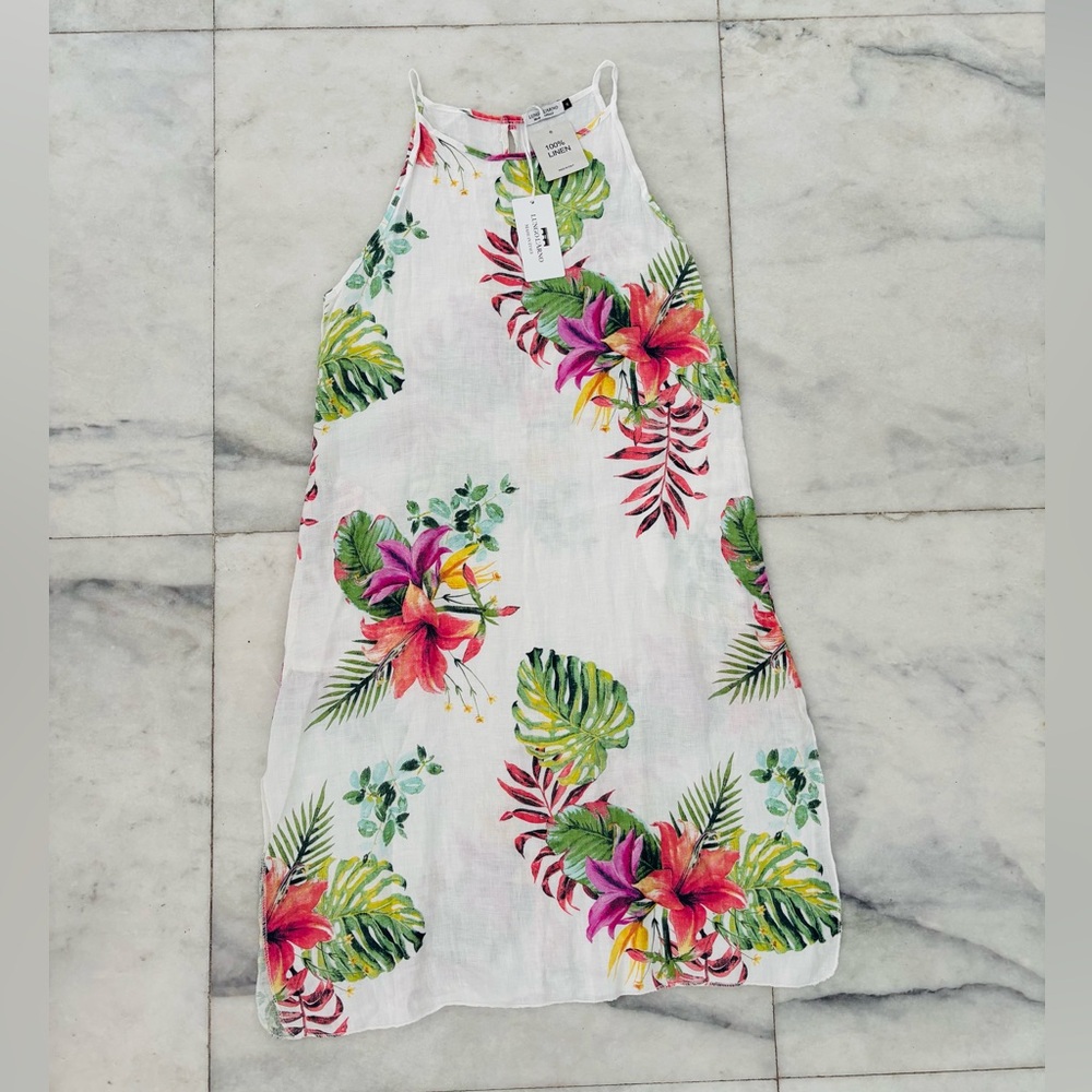 Lungo L’arno Dress Hawaiian Floral Linen Sleeveless Pockets M NWT Boho Italy